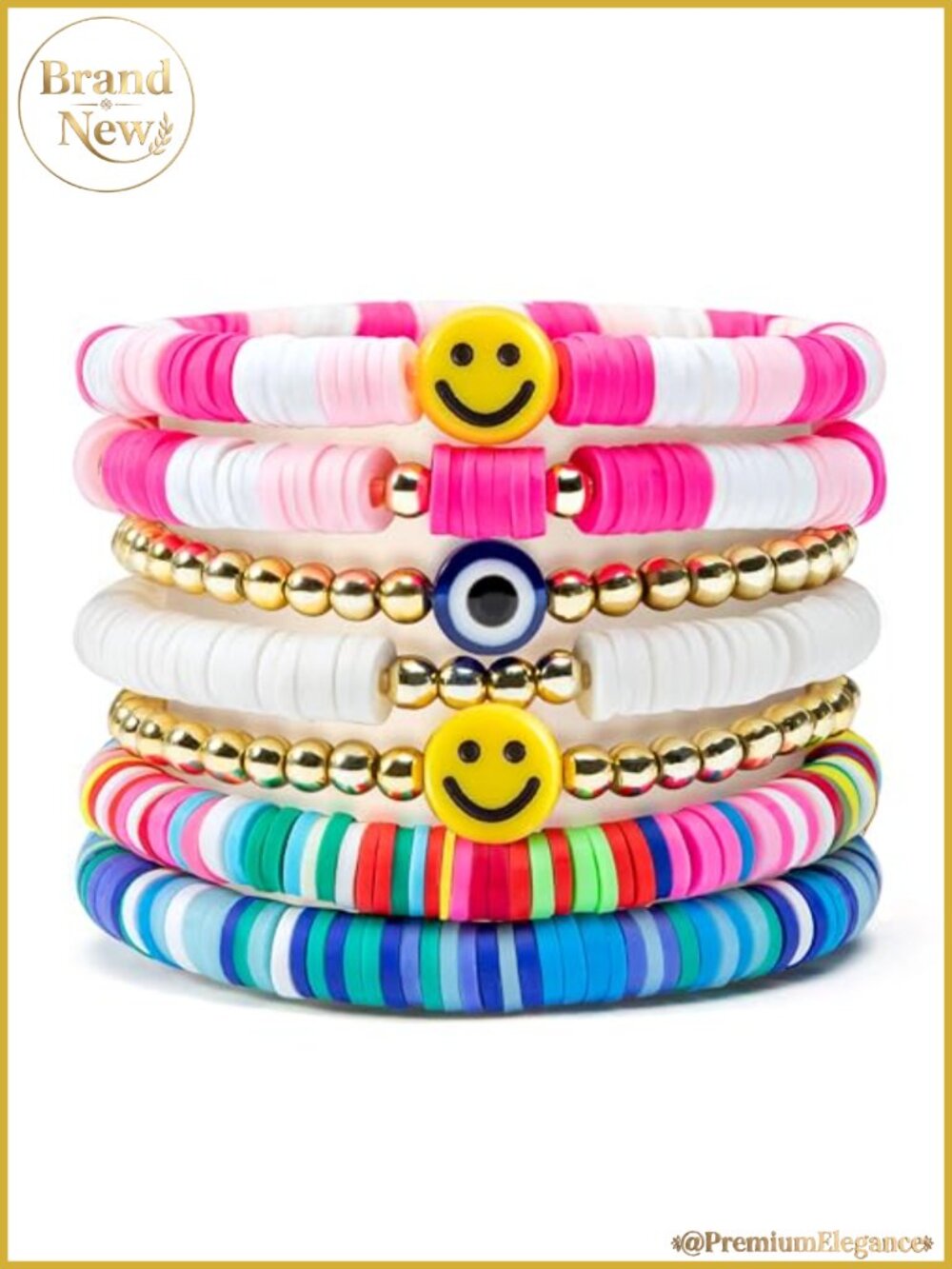 7Pcs Stackable Stretch Bracelets Set Smile Evil Eye Beaded Boho Y2K Summer